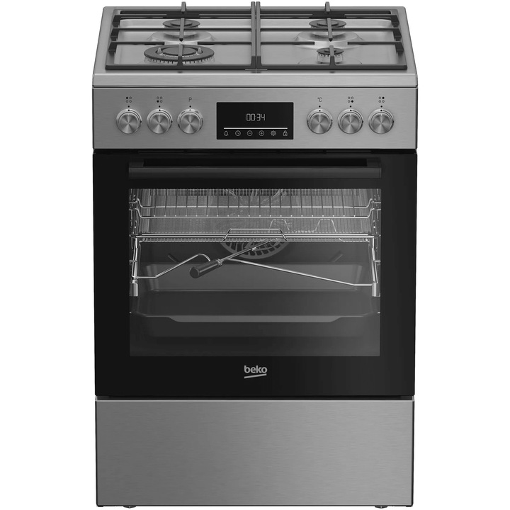 Готварска печка Beko FBMA61330GXDT, Комбинирана, 4 горелки, Високоефективна, SteamShine почистване, AirFry, Клас A, 60 см, Inox