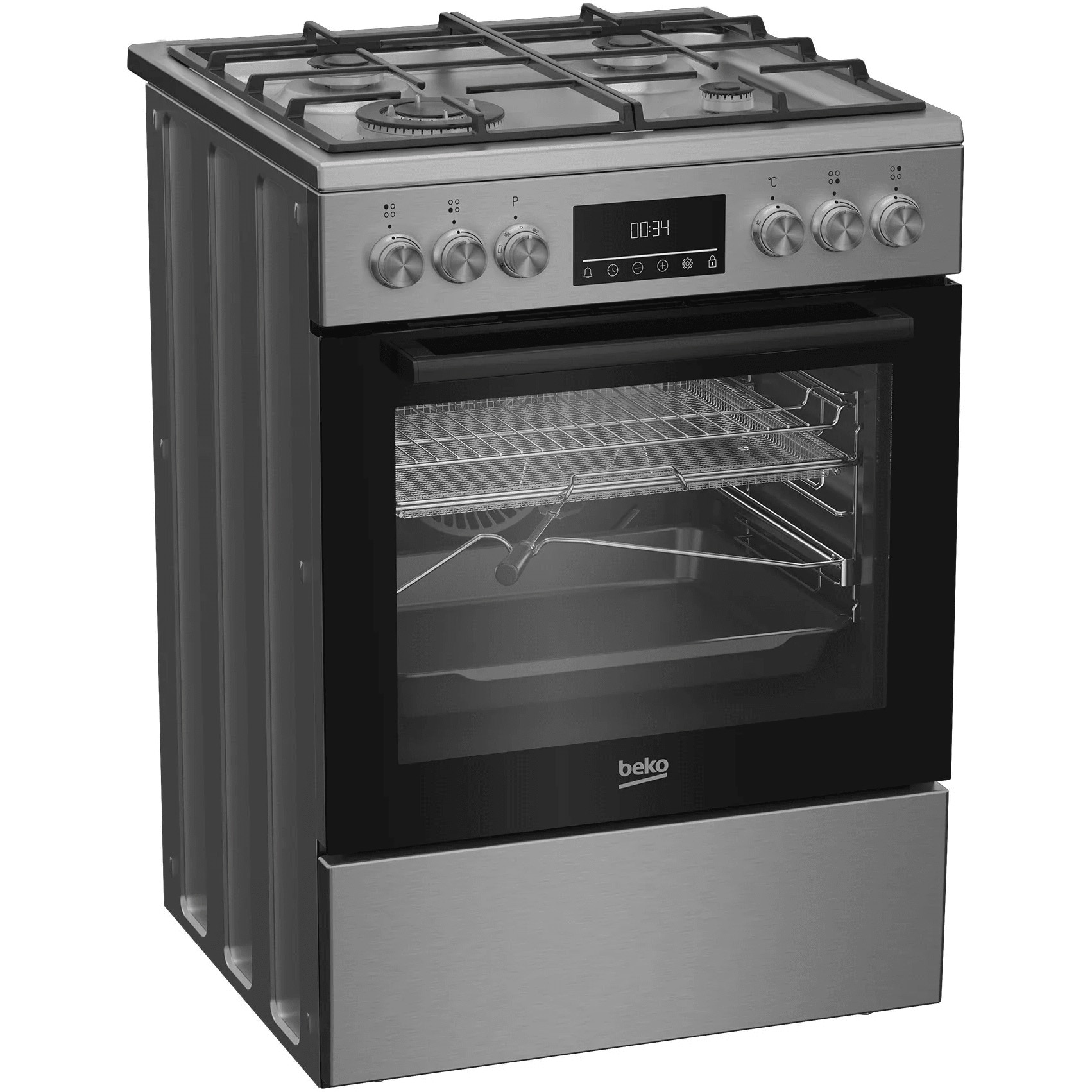 Aragaz Beko FBMA61330GXDT, Mixt, 4 arzatoare, High-Efficiency, SteamShine Cleaning, AirFry, Clasa A, 60 cm, Inox