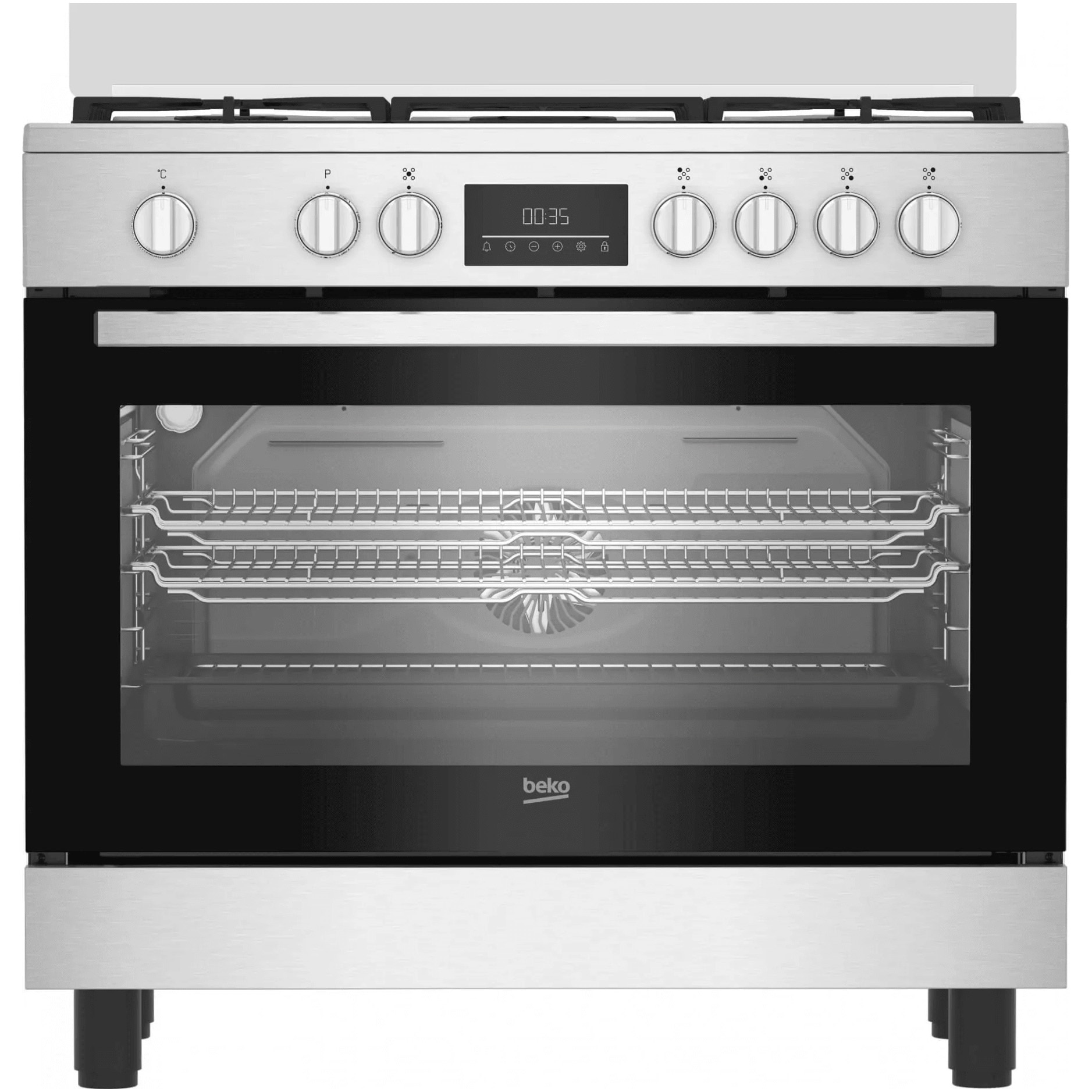 Aragaz Beko BGM11226EX, Mixt, 5 zone de gatit, 7 functii, Wok, 114 l, Gratare din fonta, Clasa A+, 90 cm, Inox