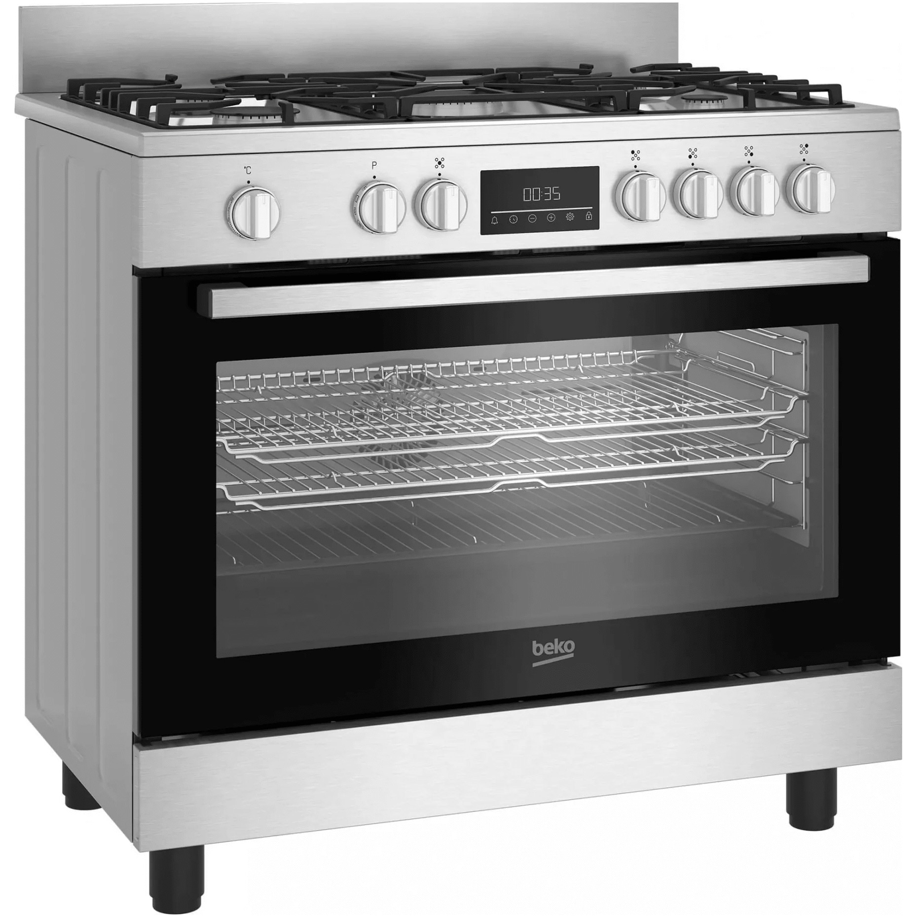 Aragaz Beko BGM11226EX, Mixt, 5 zone de gatit, 7 functii, Wok, 114 l, Gratare din fonta, Clasa A+, 90 cm, Inox