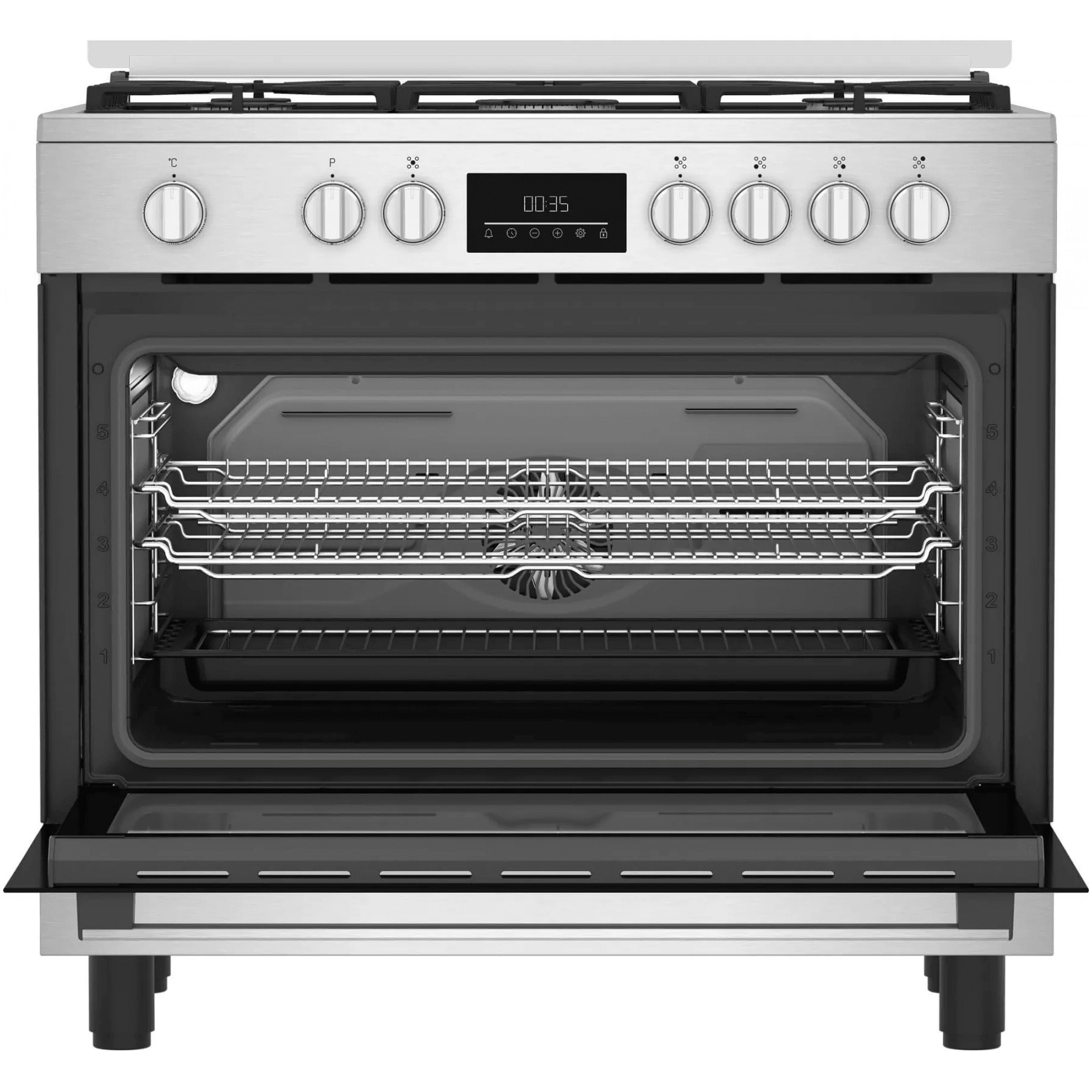 Aragaz Beko BGM11226EX, Mixt, 5 zone de gatit, 7 functii, Wok, 114 l, Gratare din fonta, Clasa A+, 90 cm, Inox