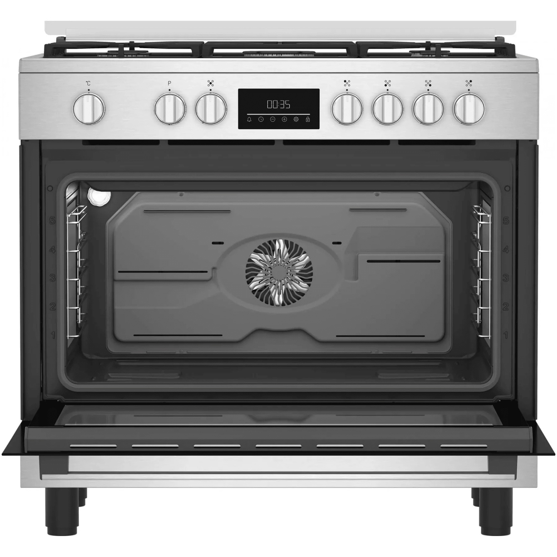 Aragaz Beko BGM11226EX, Mixt, 5 zone de gatit, 7 functii, Wok, 114 l, Gratare din fonta, Clasa A+, 90 cm, Inox