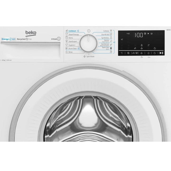Masina de spalat rufe Beko B3WFU410415WWES, 10 kg, 1400 RPM, Clasa A, Motor ProSmart Inverter, Recycled Tub, Hygiene+, SteamCure, IronFast, AddXtra, Alb