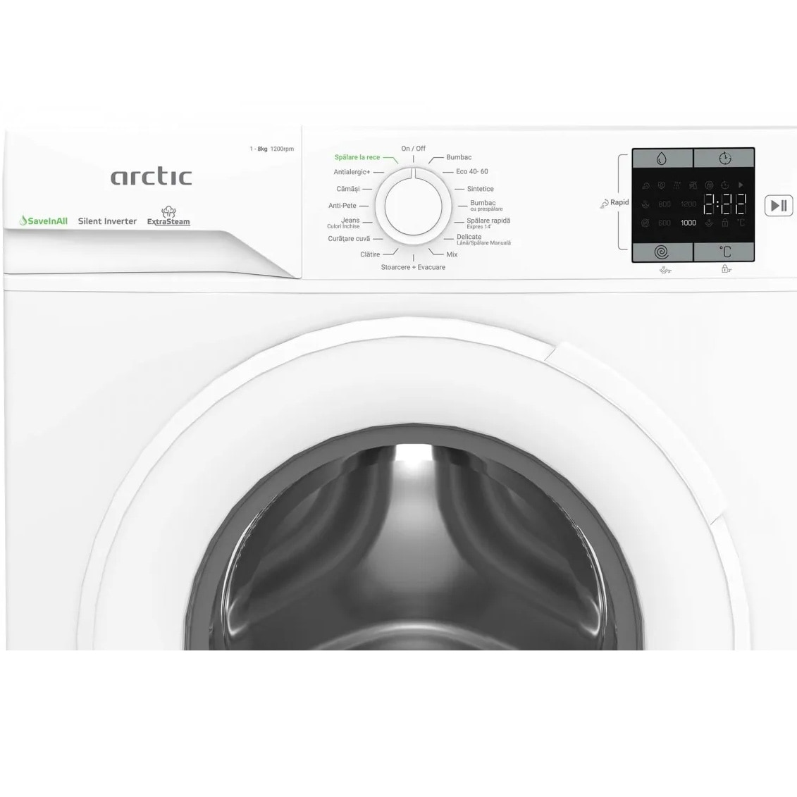 Masina de spalat rufe Arctic APLM1WFSU18210W, 8 kg, 1200 RPM, Clasa A, ExtraSteam, Motor Silent Inverter, Alb