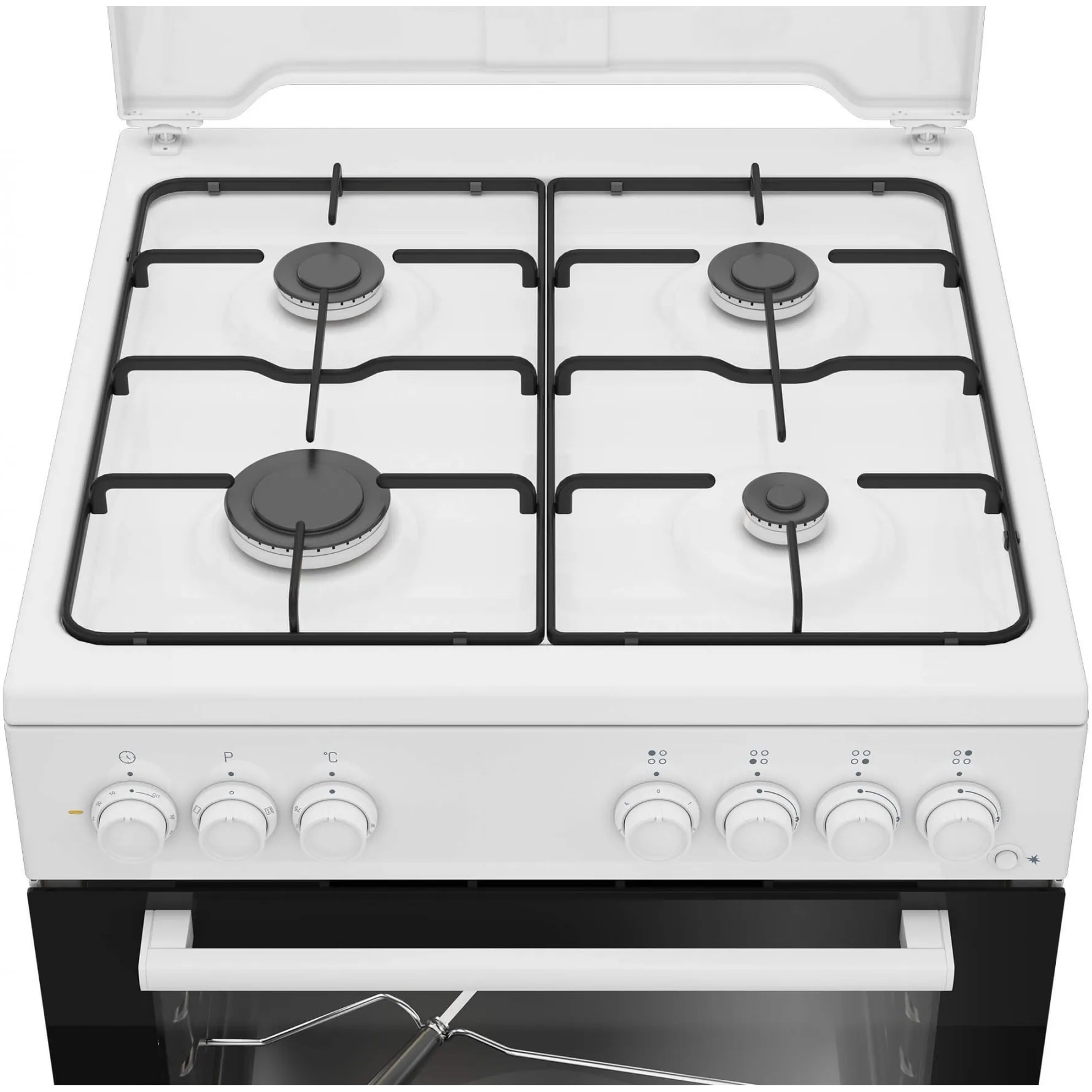 Aragaz Beko FBST62110DW, Mixt, 4 arzatoare cu eficienta ridicata, Aprindere electrica, Grill, Rotisor, Clasa A, 60 cm, Alb