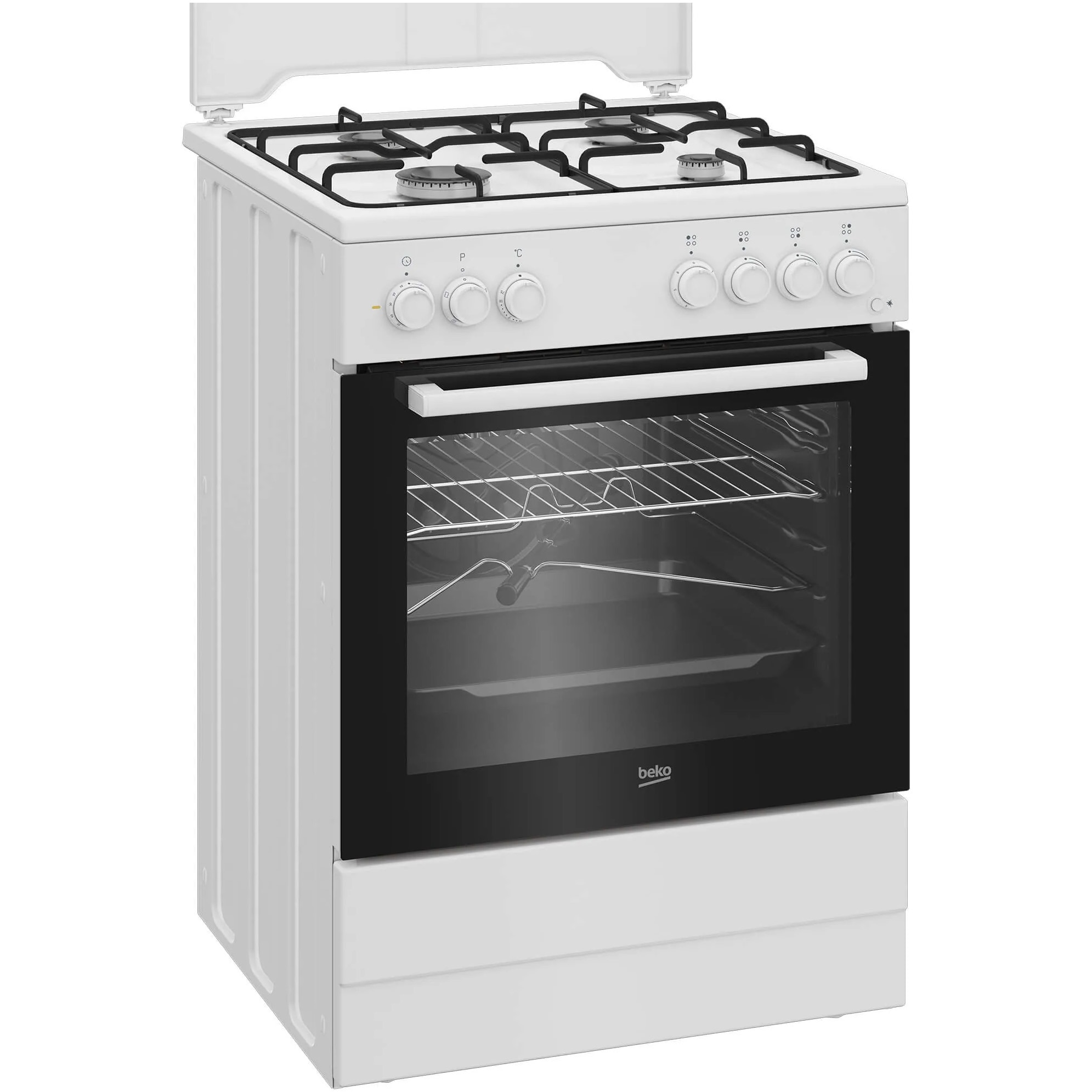 Aragaz Beko FBST62110DW, Mixt, 4 arzatoare cu eficienta ridicata, Aprindere electrica, Grill, Rotisor, Clasa A, 60 cm, Alb