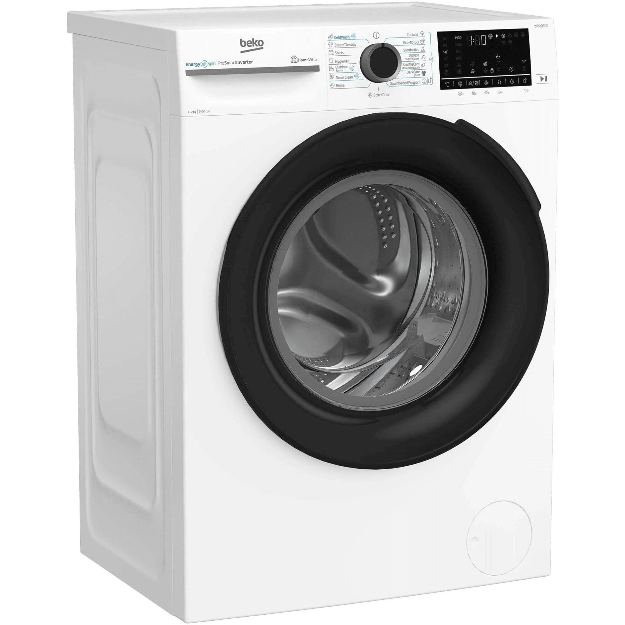 Masina de spalat rufe Slim Beko BM5WFSU67415W,7 kg, 1400 RPM, Clasa A, HomeWhiz prin WiFi, SteamCure, AddXtra, Motor ProSmart Inverter, AddXtra, Alb, usa Piano Black