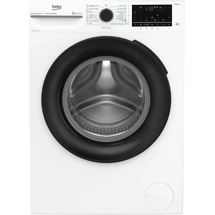 Пералня Slim Beko BM5WFSU67415W, 7 кг, 1400 об/мин, Клас A, HomeWhiz via WiFi, SteamCure, AddXtra, ProSmart Inverter Motor, AddXtra, Бял, Piano Black door