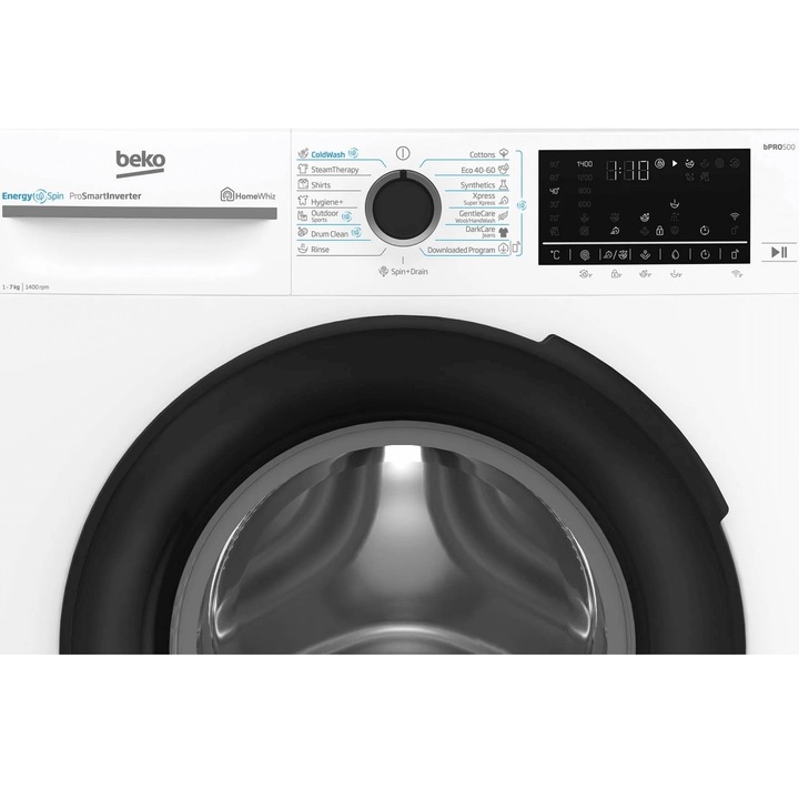 Masina de spalat rufe Slim Beko BM5WFSU67415W,7 kg, 1400 RPM, Clasa A, HomeWhiz prin WiFi, SteamCure, AddXtra, Motor ProSmart Inverter, AddXtra, Alb, usa Piano Black
