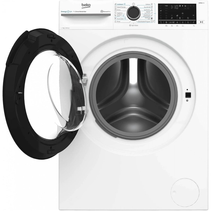 Masina de spalat rufe Slim Beko BM5WFSU67415W,7 kg, 1400 RPM, Clasa A, HomeWhiz prin WiFi, SteamCure, AddXtra, Motor ProSmart Inverter, AddXtra, Alb, usa Piano Black