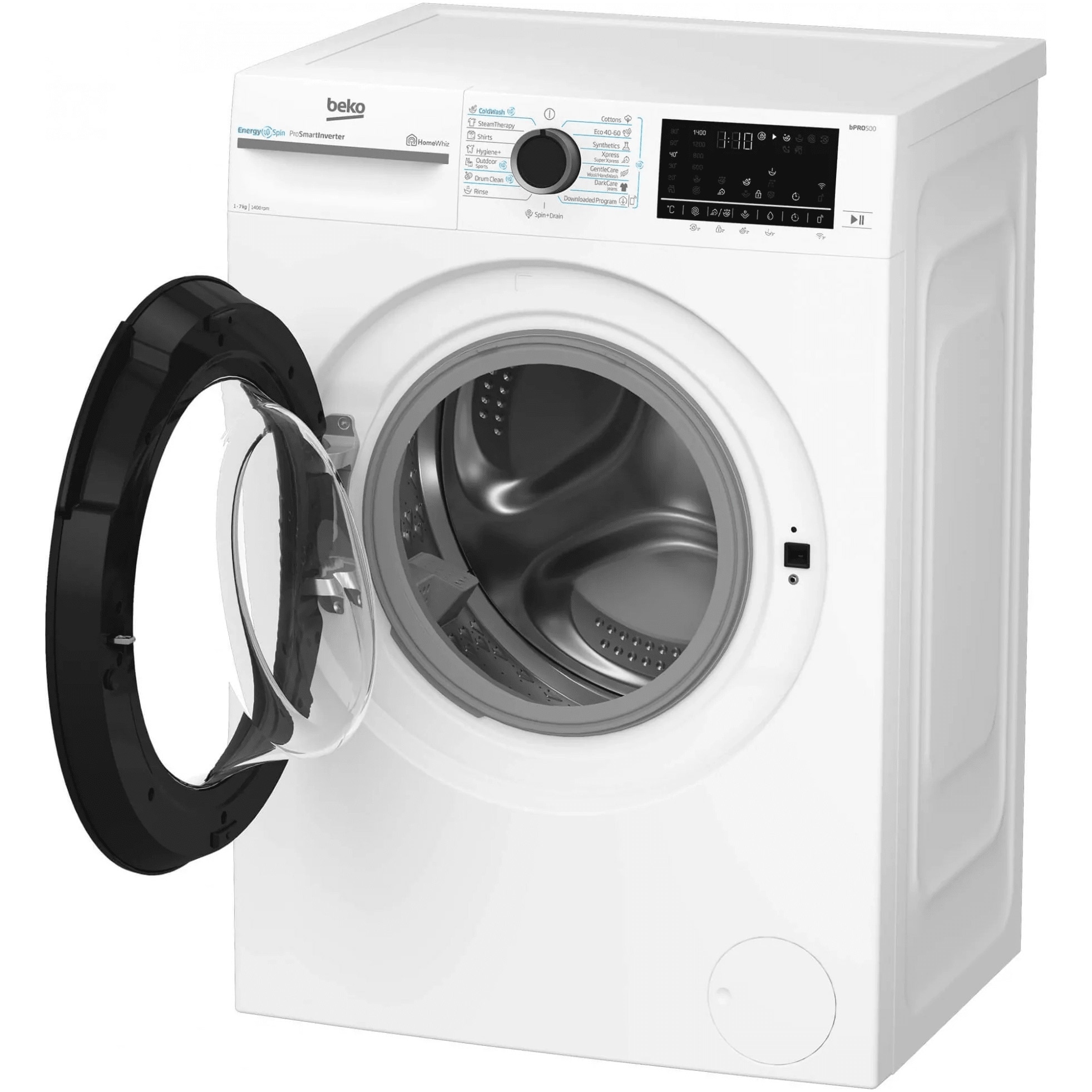Masina de spalat rufe Slim Beko BM5WFSU67415W,7 kg, 1400 RPM, Clasa A, HomeWhiz prin WiFi, SteamCure, AddXtra, Motor ProSmart Inverter, AddXtra, Alb, usa Piano Black