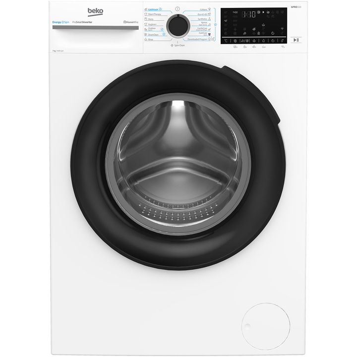 Пералня Slim Beko BM5WFSU67415W, 7 кг, 1400 об/мин, Клас A, HomeWhiz via WiFi, SteamCure, AddXtra, ProSmart Inverter Motor, AddXtra, Бял, Piano Black door