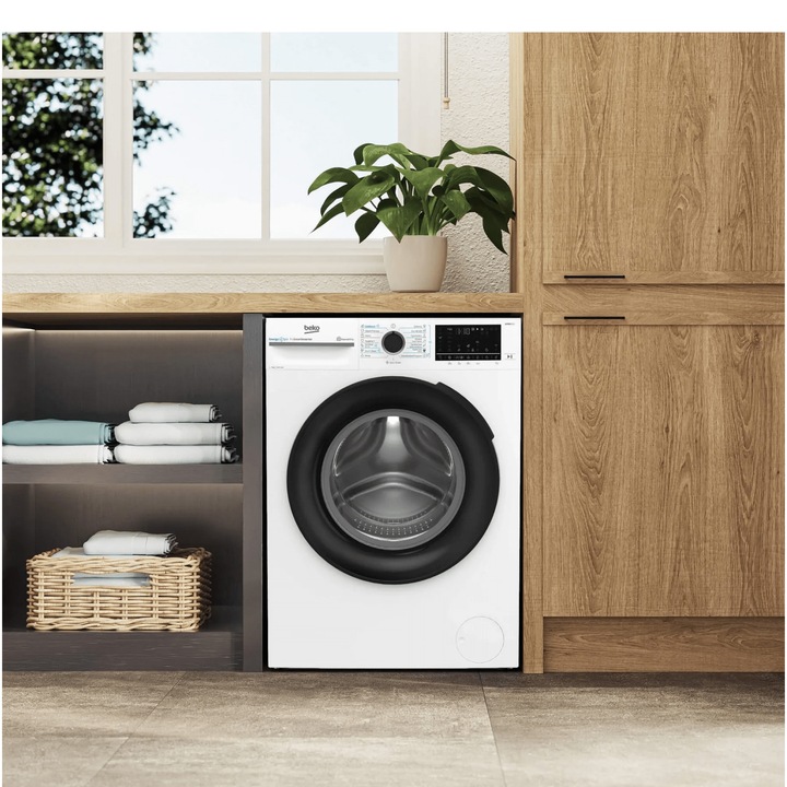 Masina de spalat rufe Slim Beko BM5WFSU67415W,7 kg, 1400 RPM, Clasa A, HomeWhiz prin WiFi, SteamCure, AddXtra, Motor ProSmart Inverter, AddXtra, Alb, usa Piano Black