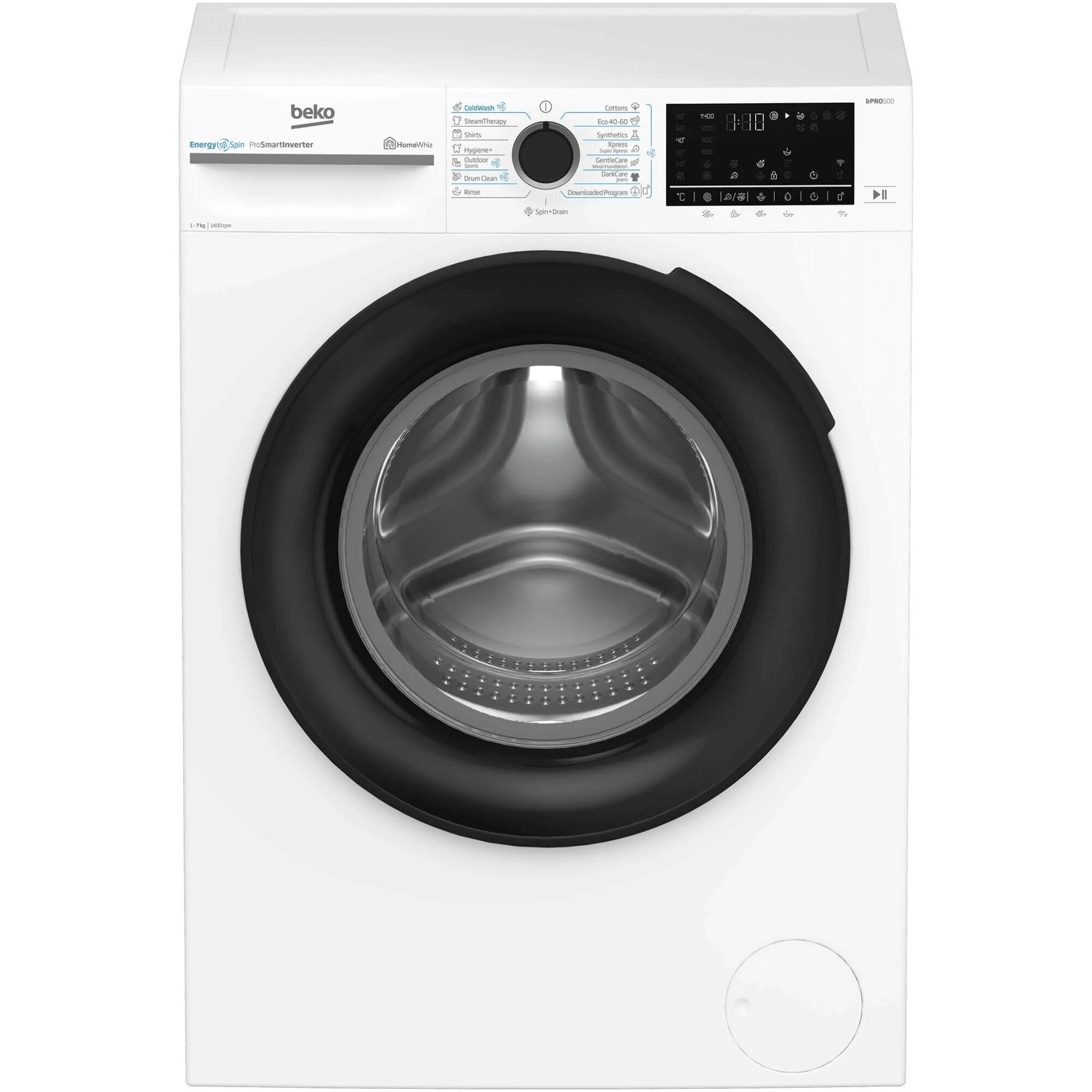 Masina de spalat rufe Slim Beko BM5WFSU67415W,7 kg, 1400 RPM, Clasa A, HomeWhiz prin WiFi, SteamCure, AddXtra, Motor ProSmart Inverter, AddXtra, Alb, usa Piano Black