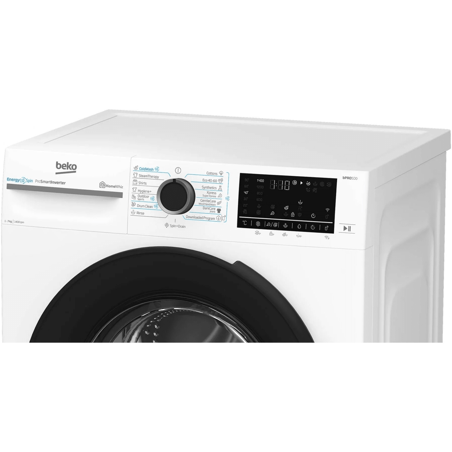 Masina de spalat rufe Slim Beko BM5WFSU67415W,7 kg, 1400 RPM, Clasa A, HomeWhiz prin WiFi, SteamCure, AddXtra, Motor ProSmart Inverter, AddXtra, Alb, usa Piano Black