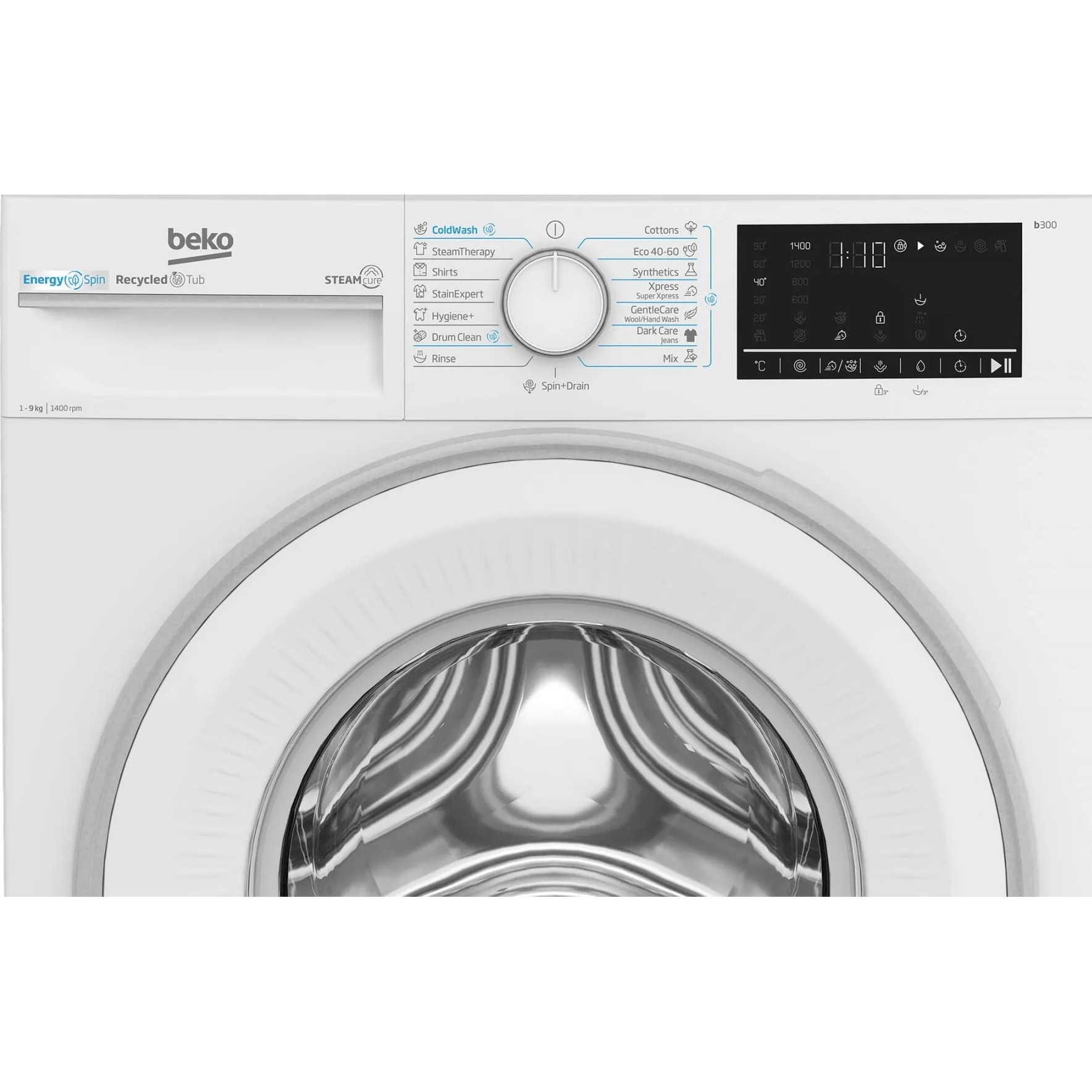 Masina de spalat rufe Slim Beko B3WFU49415WWES, 9 kg, 1400 RPM, Clasa A, IronFast, SteamCure, AddXtra, Motor ProSmart Inverter, SteamTherapy Alb