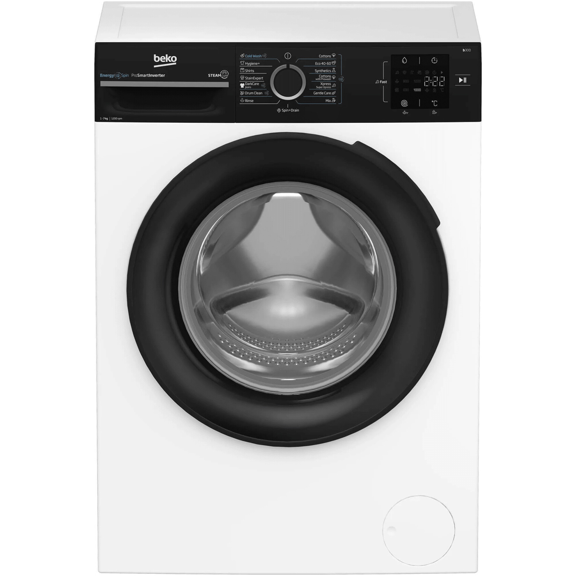 Masina de spalat rufe Beko BM3WFU37213WBPB, 7 kg, 1200 rpm, Clasa A, SteamCure, Recycled Tub, ProSmart Inverter Motor, AddXtra, Alb