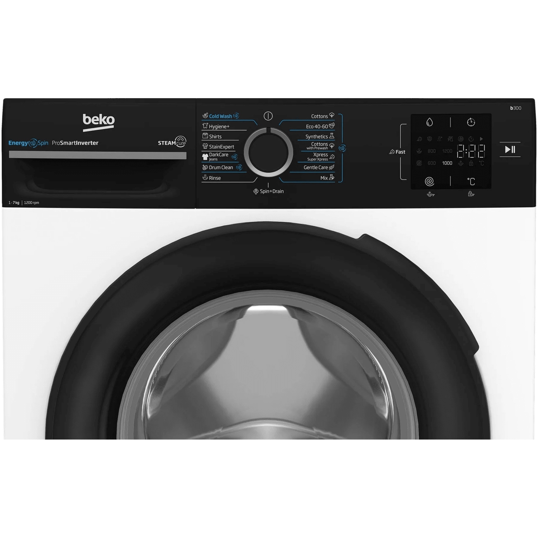 Masina de spalat rufe Beko BM3WFU37213WBPB, 7 kg, 1200 rpm, Clasa A, SteamCure, Recycled Tub, ProSmart Inverter Motor, AddXtra, Alb