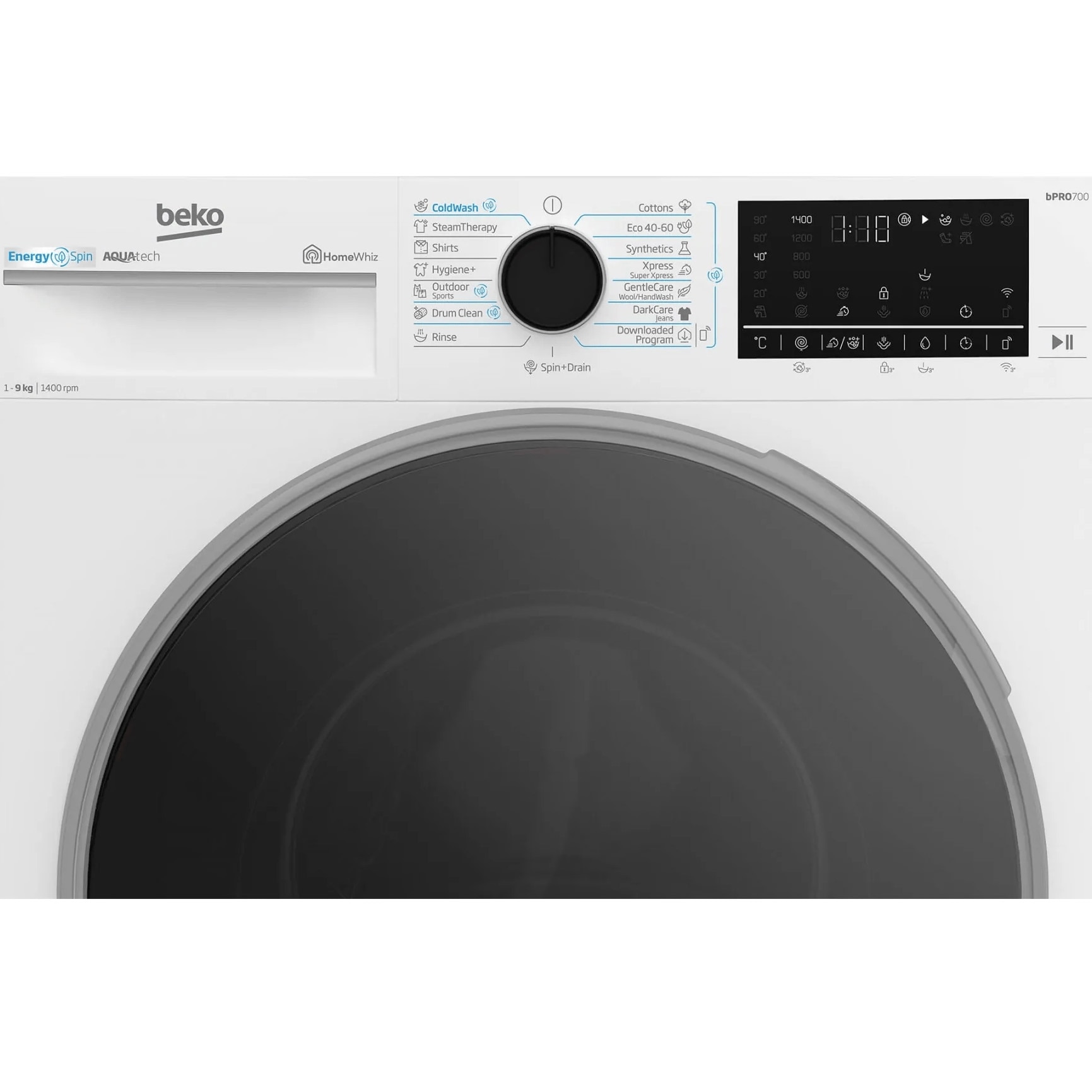 Masina de spalat rufe Beko B7WFU69418WBES, 9 kg, 1400 RPM, Clasa A, AquaTech, IronFast, SteamCure, Recycled Tub, ProSmart Inverter Motor, Homewhiz prin Wi-Fi, AddXtra, Negru