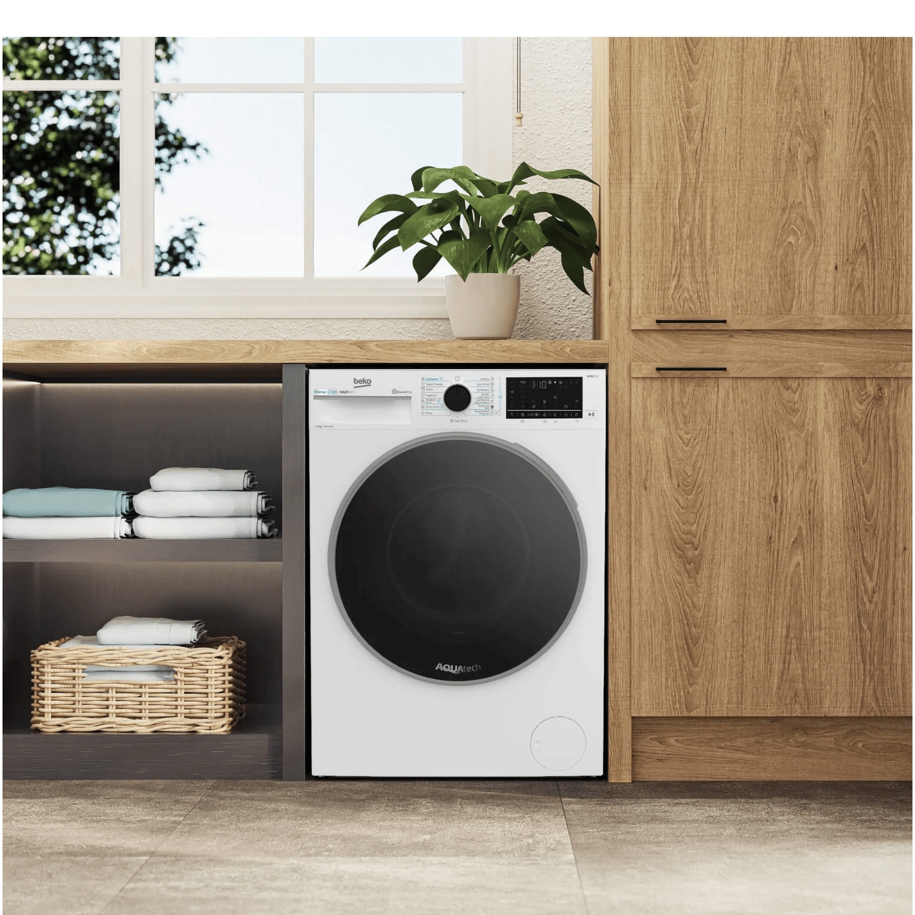 Masina de spalat rufe Beko B7WFU69418WBES, 9 kg, 1400 RPM, Clasa A, AquaTech, IronFast, SteamCure, Recycled Tub, ProSmart Inverter Motor, Homewhiz prin Wi-Fi, AddXtra, Negru