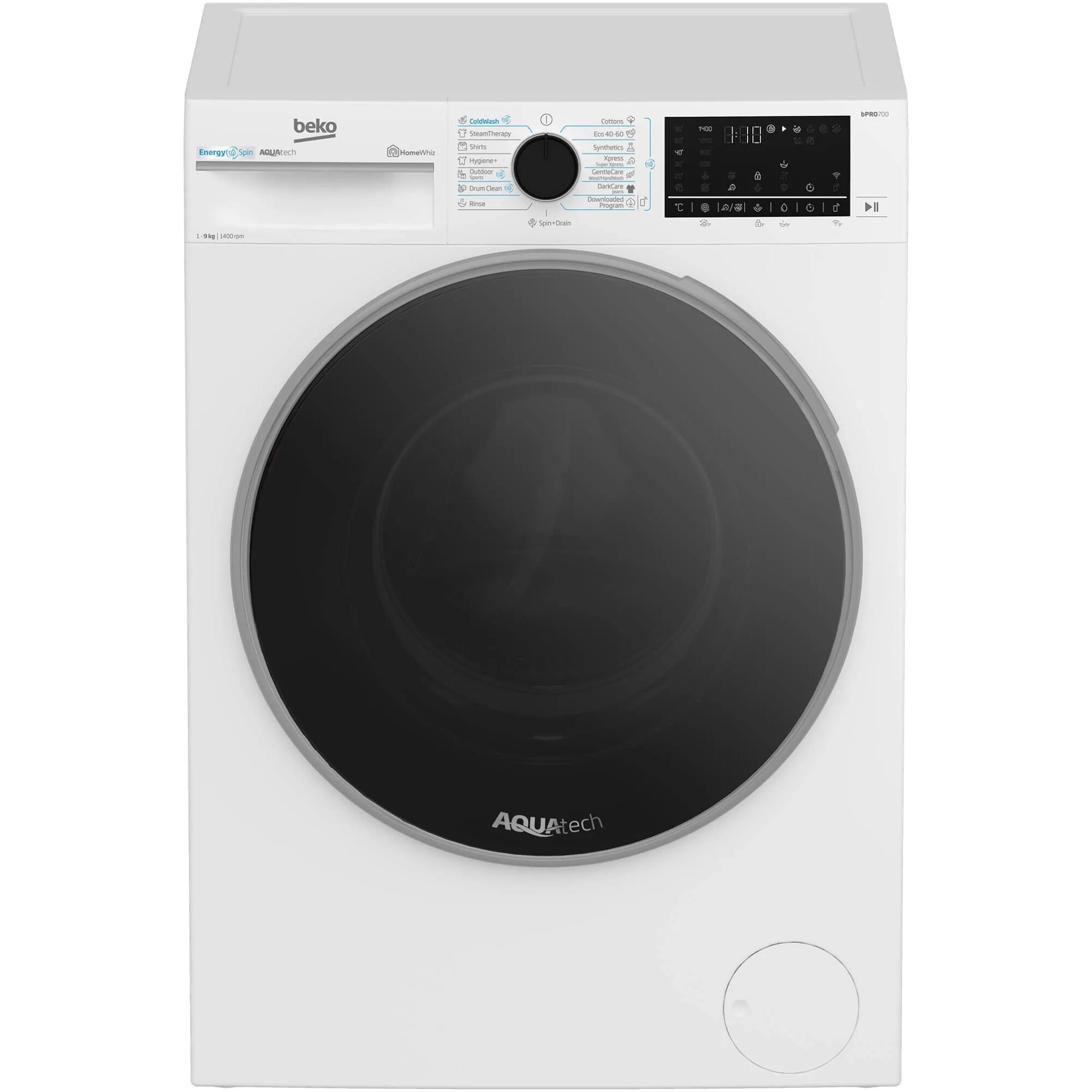 Masina de spalat rufe Beko B7WFU69418WBES, 9 kg, 1400 RPM, Clasa A, AquaTech, IronFast, SteamCure, Recycled Tub, ProSmart Inverter Motor, Homewhiz prin Wi-Fi, AddXtra, Negru