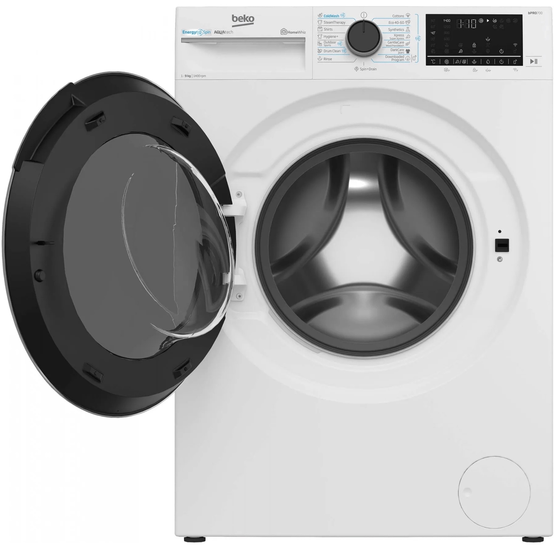 Masina de spalat rufe Beko B7WFU69418WBES, 9 kg, 1400 RPM, Clasa A, AquaTech, IronFast, SteamCure, Recycled Tub, ProSmart Inverter Motor, Homewhiz prin Wi-Fi, AddXtra, Negru