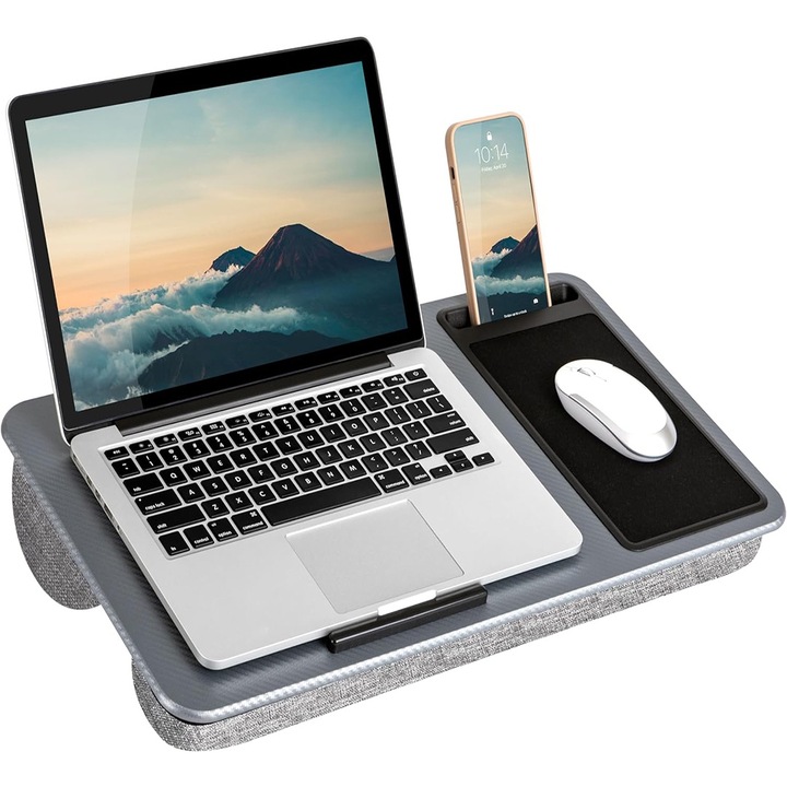 NextWave®️ маса за лаптоп с подложка за мишка, държач за телефон, двойна възглавница, за легло, бюро, диван, кола, лека с вградена дръжка, подходяща за лаптопи до 15,6 инча, 54 x 30 x 6 cm, сива
