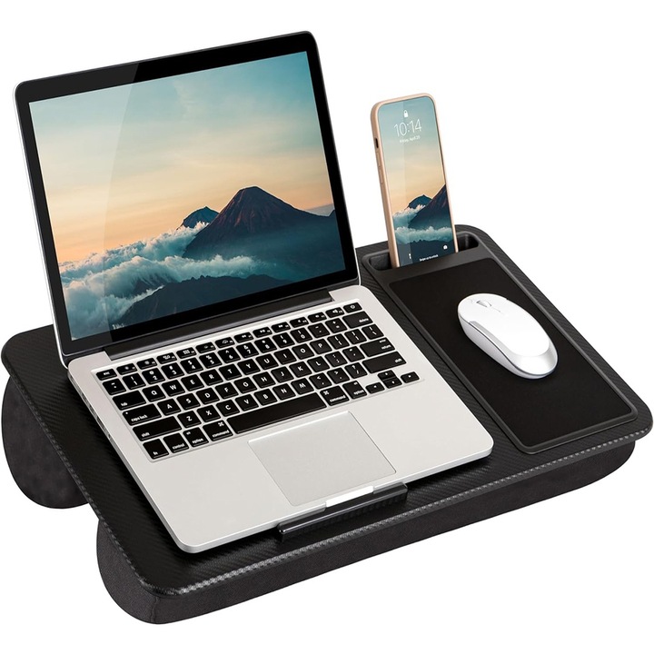 NextWave®️ маса за лаптоп с подложка за мишка, държач за телефон, двойна възглавница, за легло, бюро, диван, кола, лека с вградена дръжка, подходяща за лаптопи до 15,6 инча, 54 x 30 x 6 см, черна