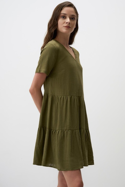 JIMMY KEY, Rochie din amesec de in cu decolteu in V, Kaki