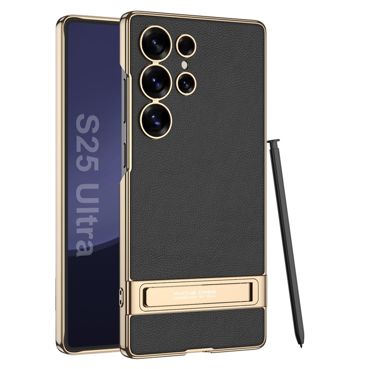 Калъф за Samsung Galaxy S25 Ultra, Luxury edition от еко кожа със стойка Agora, Черен
