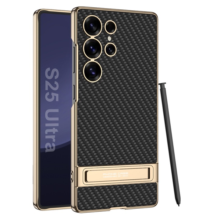 Кейс за Samsung Galaxy S25 Ultra, Luxury edition от еко кожа със стойка Agora, Carbon