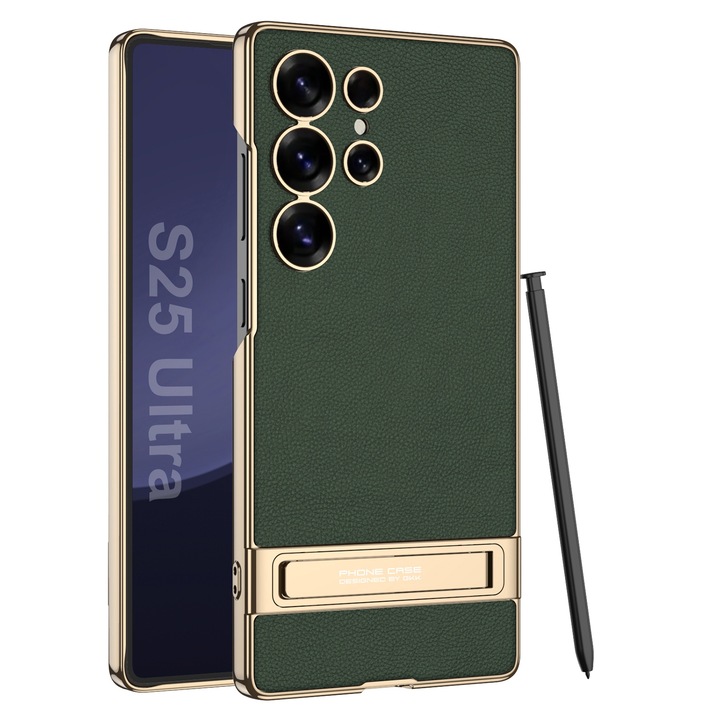 Кейс за Samsung Galaxy S25 Ultra, Luxury edition от еко кожа със стойка Agora, Dark Green