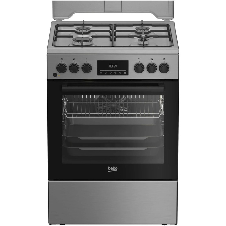 Aragaz Beko FBSM62320TXD, Mixt, 4 arzatoare, 72 l, Aprindere electrica, SteamShine Cleaning, Clasa A, 60 cm, Inox