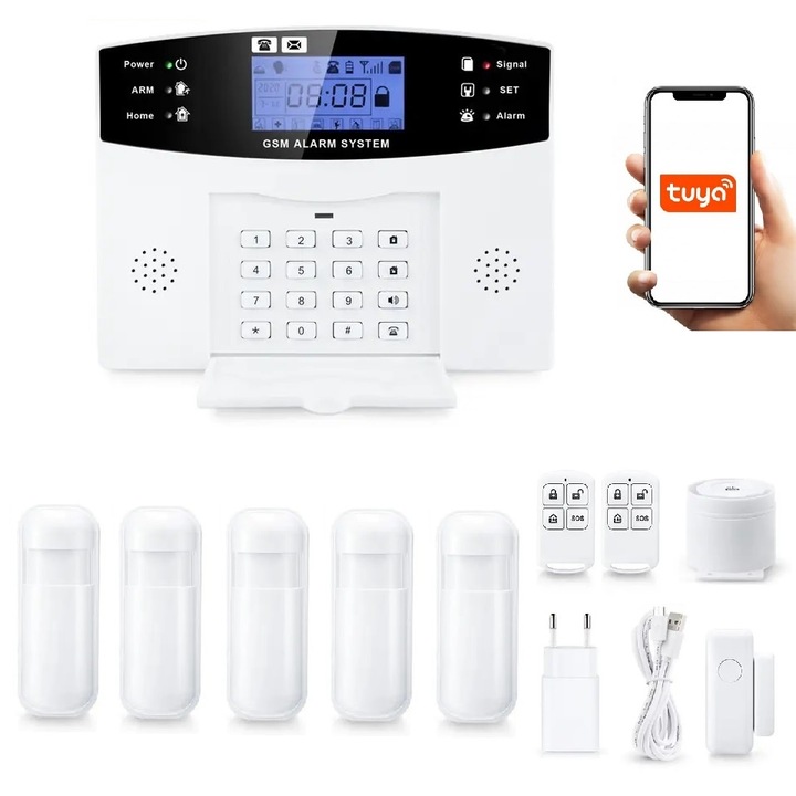 Sistem De Alarma Fara Wifi GSM, Onshop, Tuya Smart, 5xPIR, Alb