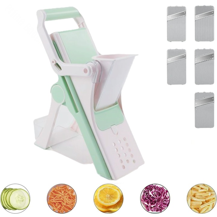 Feliator de legume Multifunctional, 5 lame, Tocator, Presa, Razatoare, Grosime reglabila, Recipient transparent, Vertical, Verde