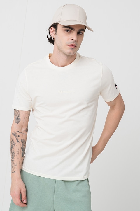 Champion, Tricou cu model uni si detalii cu broderie logo, Alb fildes