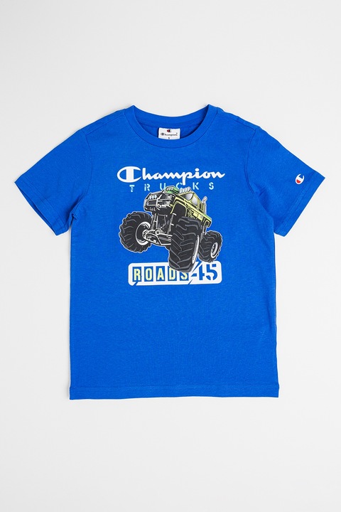 Champion, Tricou din bumbac cu imprimeu cu masina, Alb/Albastru royal/Verde lime