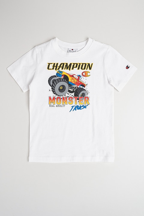 Champion, Tricou din bumbac cu imprimeu cu masina, Alb/Gri/Galben sofran