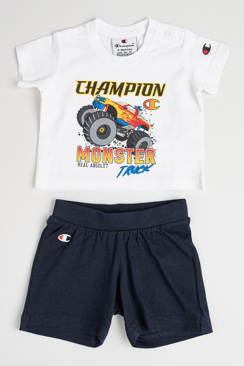 Champion, Set de tricou si pantaloni scurti cu imprimeu cu masina - 2 piese, Alb/Gri antracit/Bleumarin, 74 CM