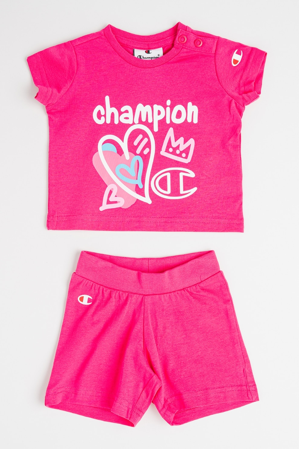 Champion, Set de tricou din bumbac si pantaloni scurti cu logo - 2 piese, Alb optic, Roz, Albastru, 80 CM
