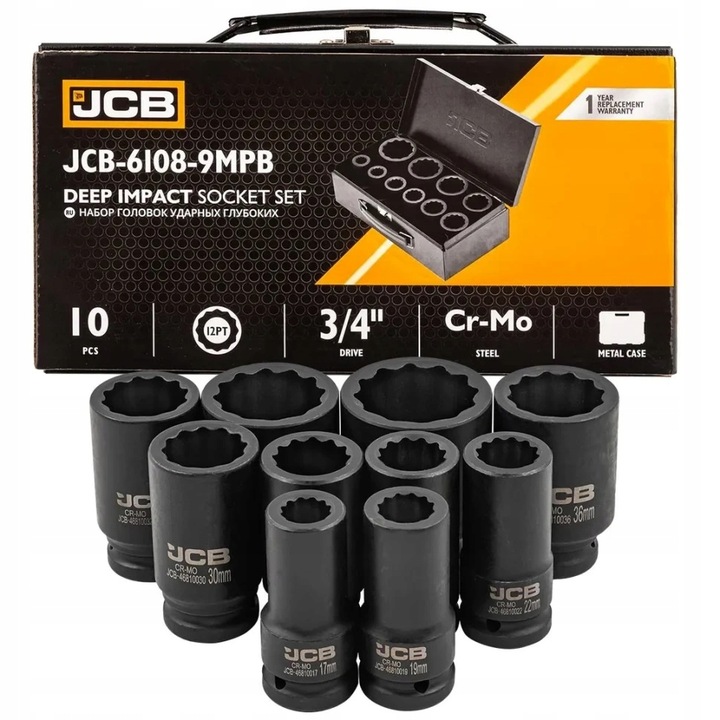 Set 10 chei tubulare 3/4" JCB 17-46mm, Cr-Mo, Cutie de Depozitare inclusa
