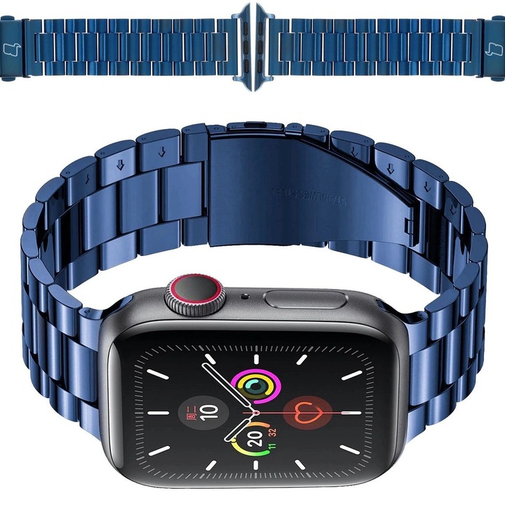Pasek pentru ceas Apple Watch Aura, Bizon, albastru, 15-22,5 cm, set cu instrument de reglare