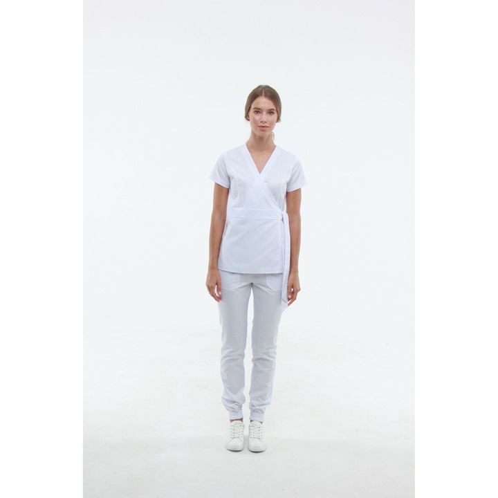 Set medical Inwhite, jacheta si pantaloni, 4 buzunare, alb, poliester, L-XL