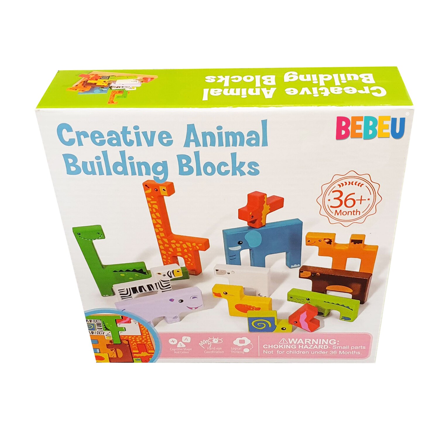 Puzzle lemn 3D cu animale Montessori, 13 piese, multicolor