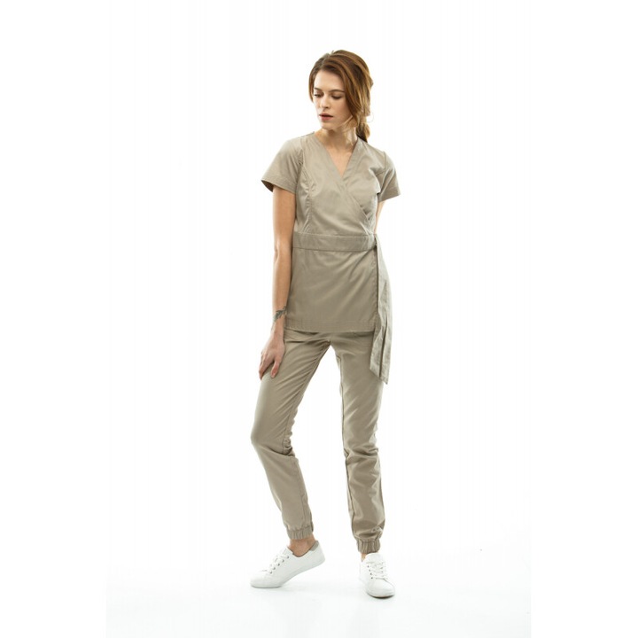 Set medical Inwhite, jacheta si pantaloni, 4 buzunare, poliester, bej, L