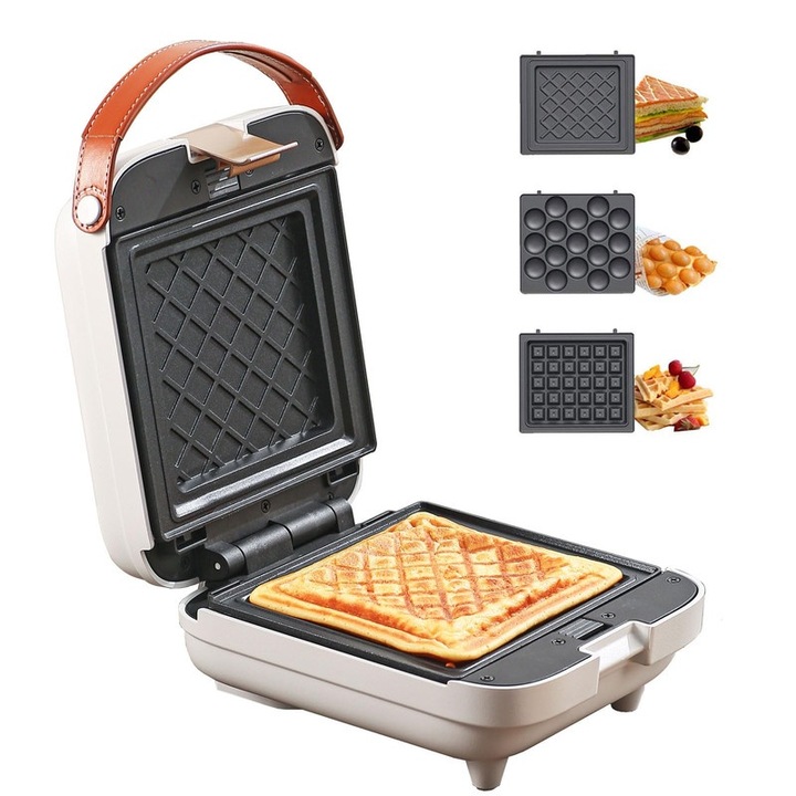 Sandwich maker 3 in 1, alb, placi detasabile, incalzire pe ambele parti, dimensiuni 7.28x6.10x4.13in