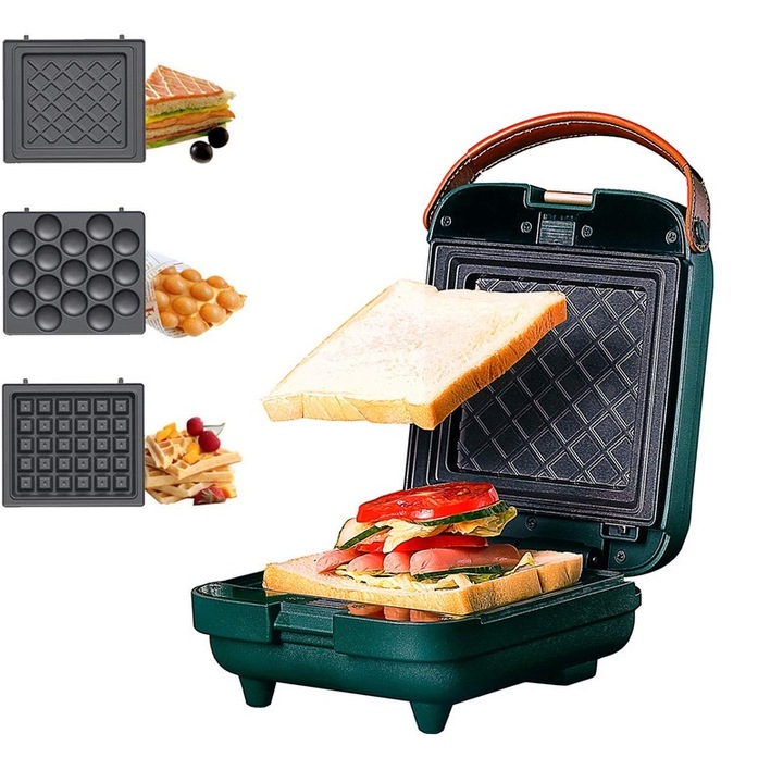 Sandwich-maker 3 in 1, verde, placi detasabile, incalzire pe ambele parti, 600W, compact