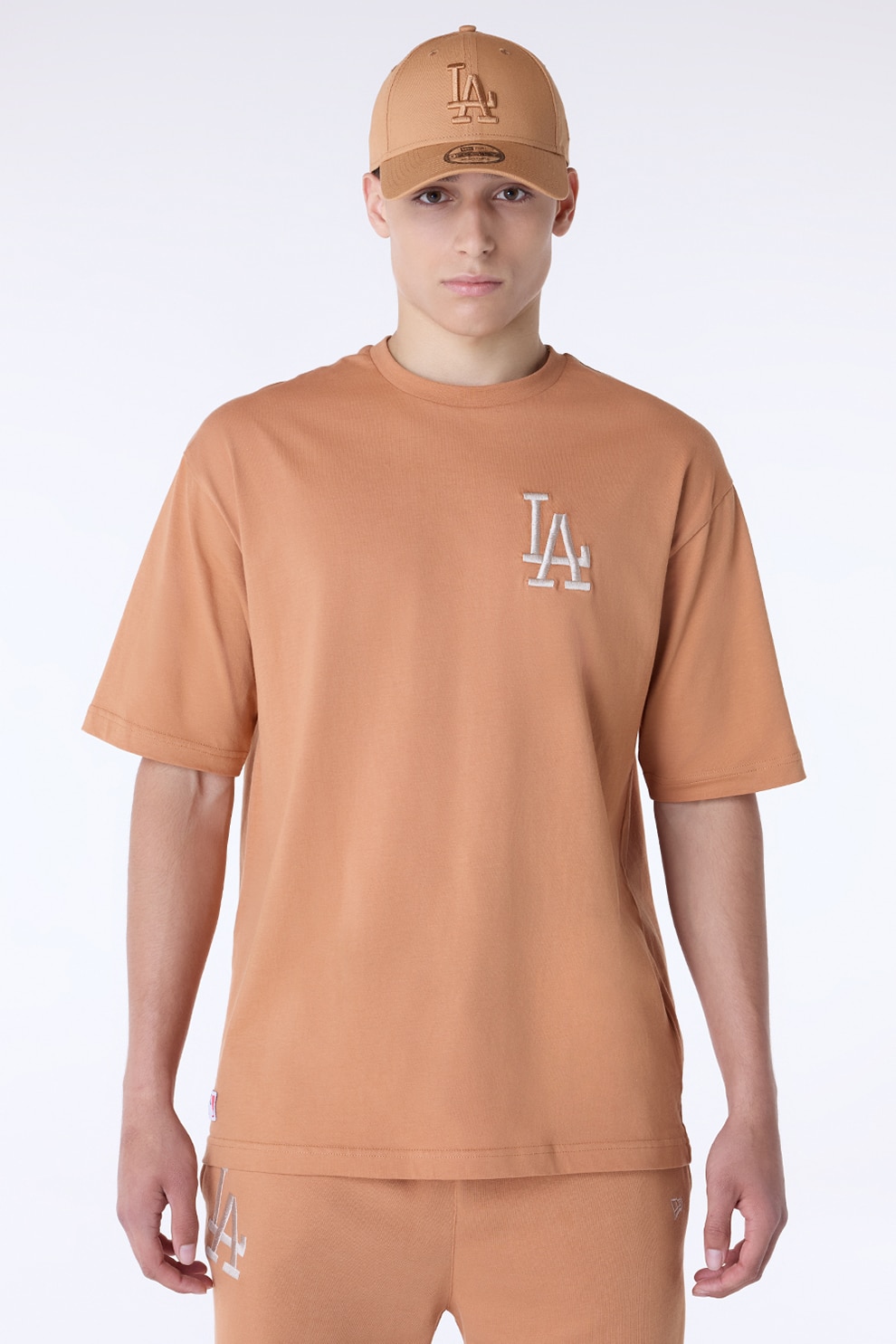 New Era, Tricou de bumbac cu logo pe piept, Piersica, Alb optic, L