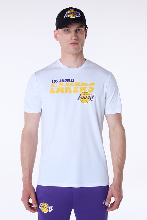 New Era, Тениска с овално деколте и лого, Шафраново жълто/Бял/Индигово синьо