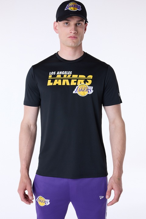 New Era, Тениска с овално деколте и принт, Черен/Бледожълт/Бял